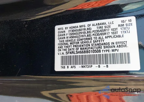 2011 Honda Odyssey Ex-L z USA, uszkodzony, nr VIN 5FNRL5H66BB010508